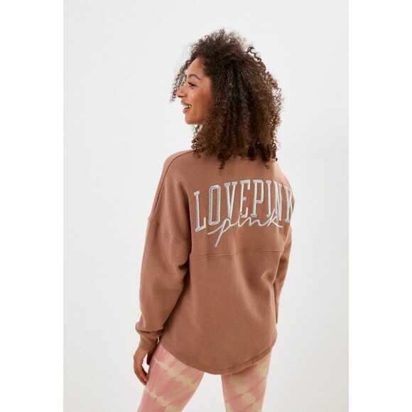 Victoria's Secret Tops - Victoria’s Secret Pullover Love Pink Embroidered Brown Beige Clay XS Oversized